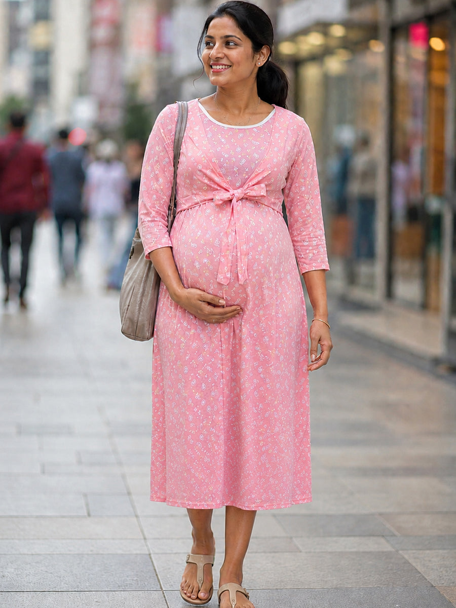 Ziva Blush Paisley Bloom Print Knitted Cotton Maternity & Feeding Zipless Dress with Concealed Side-Pull Nursing Access