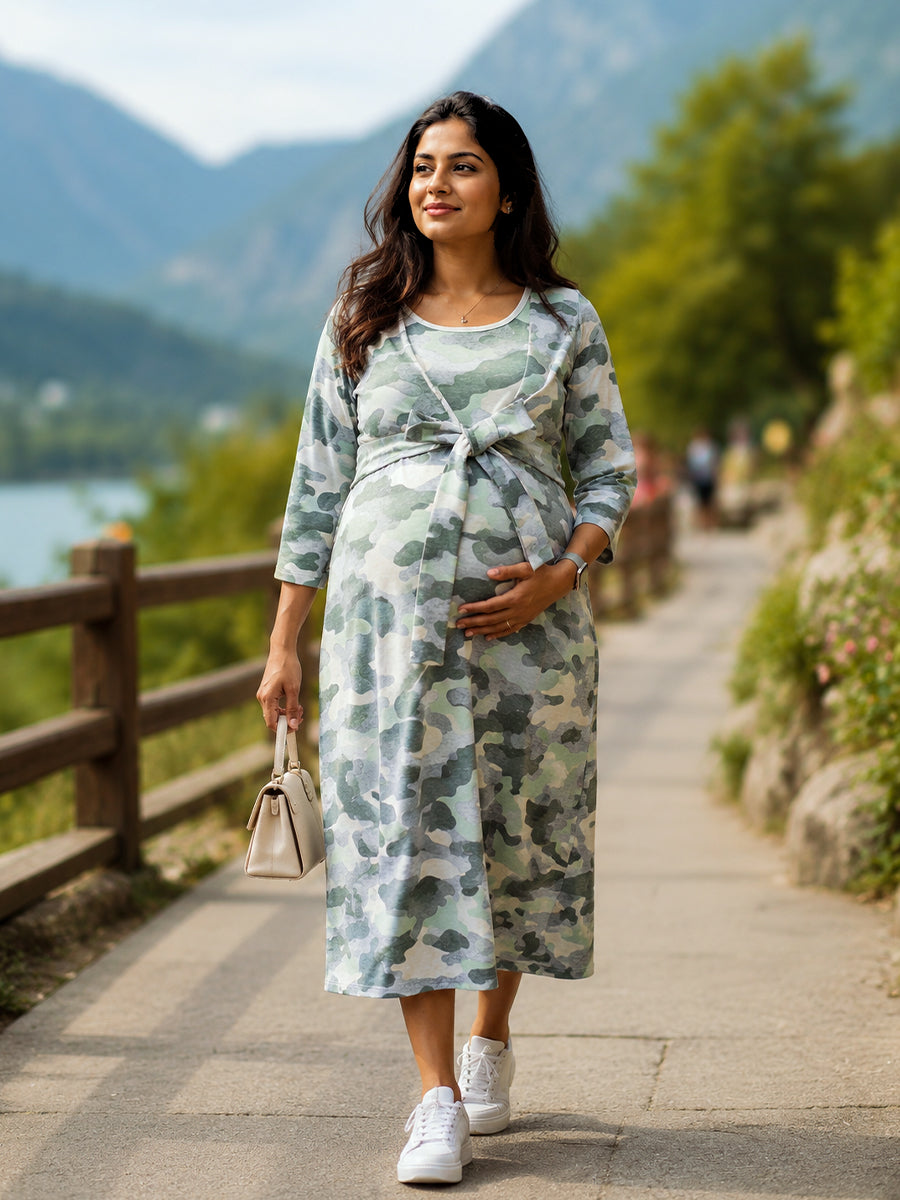Ziva Camouflage Print Knitted Cotton Maternity & Feeding Zipless Dress with Concealed Side-Pull Nursing Access