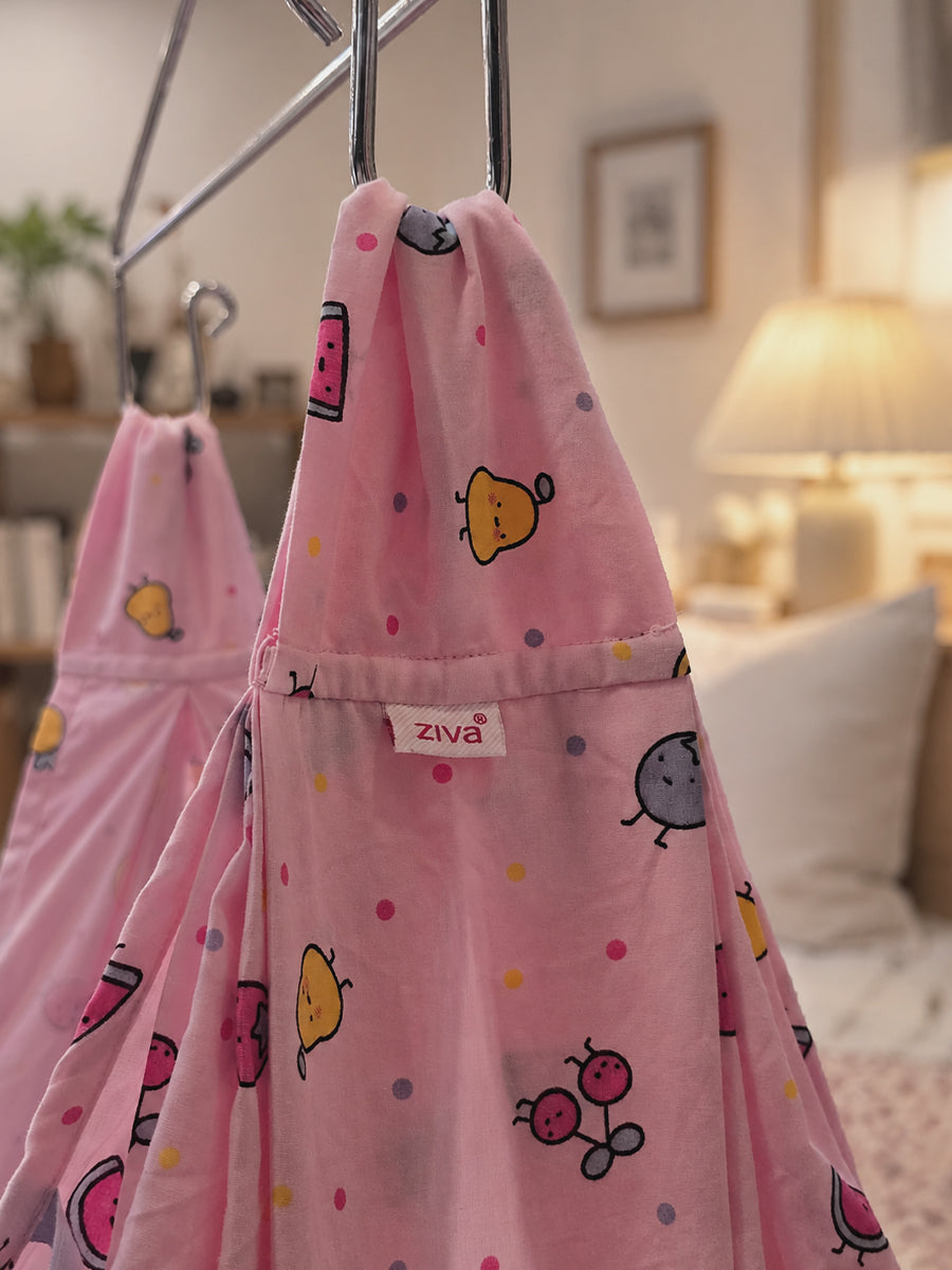 Ziva Multipurpose Cotton Baby Cradle with Bed & Convertible Swing Chair – Baby Pink Cartoon Fruit Print