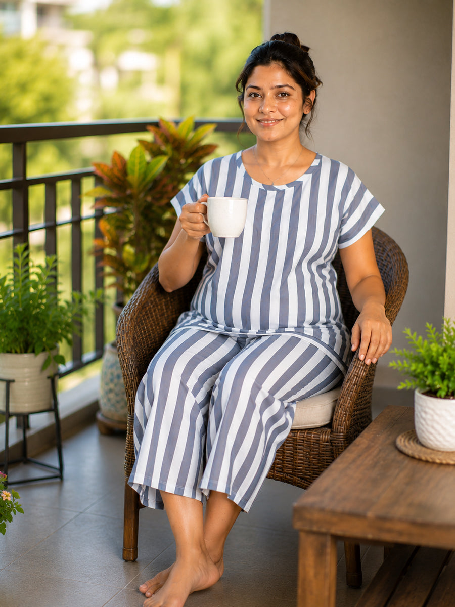 Ziva Maternity & Feeding Knitted Cotton Short Pyjama Set with Invisible Feeding Zip – Blue Grey & White Stripes