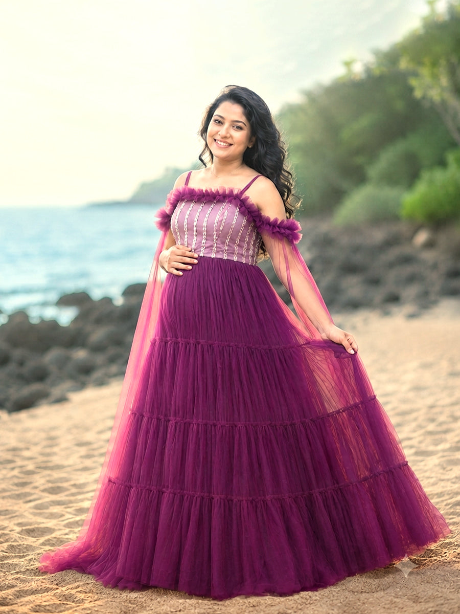 Ziva Maternity Photoshoot & Baby Shower Net Gown with Sequin Bodice & Flowing Cape Sleeves – Wine