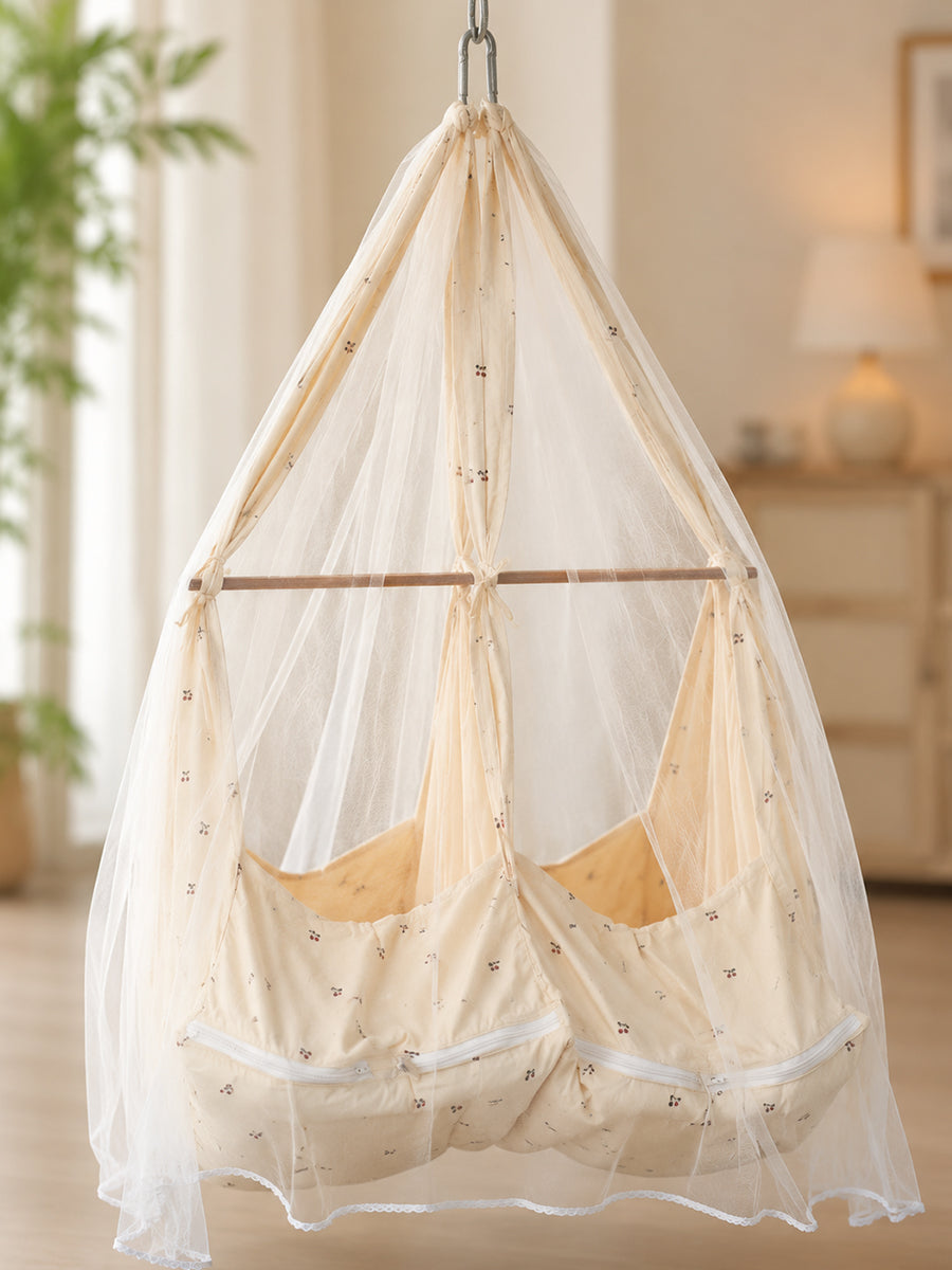 Ziva Exclusive Twin Organic Cradle with Bed & Convertible Swing Chair – Cream Cherry Print