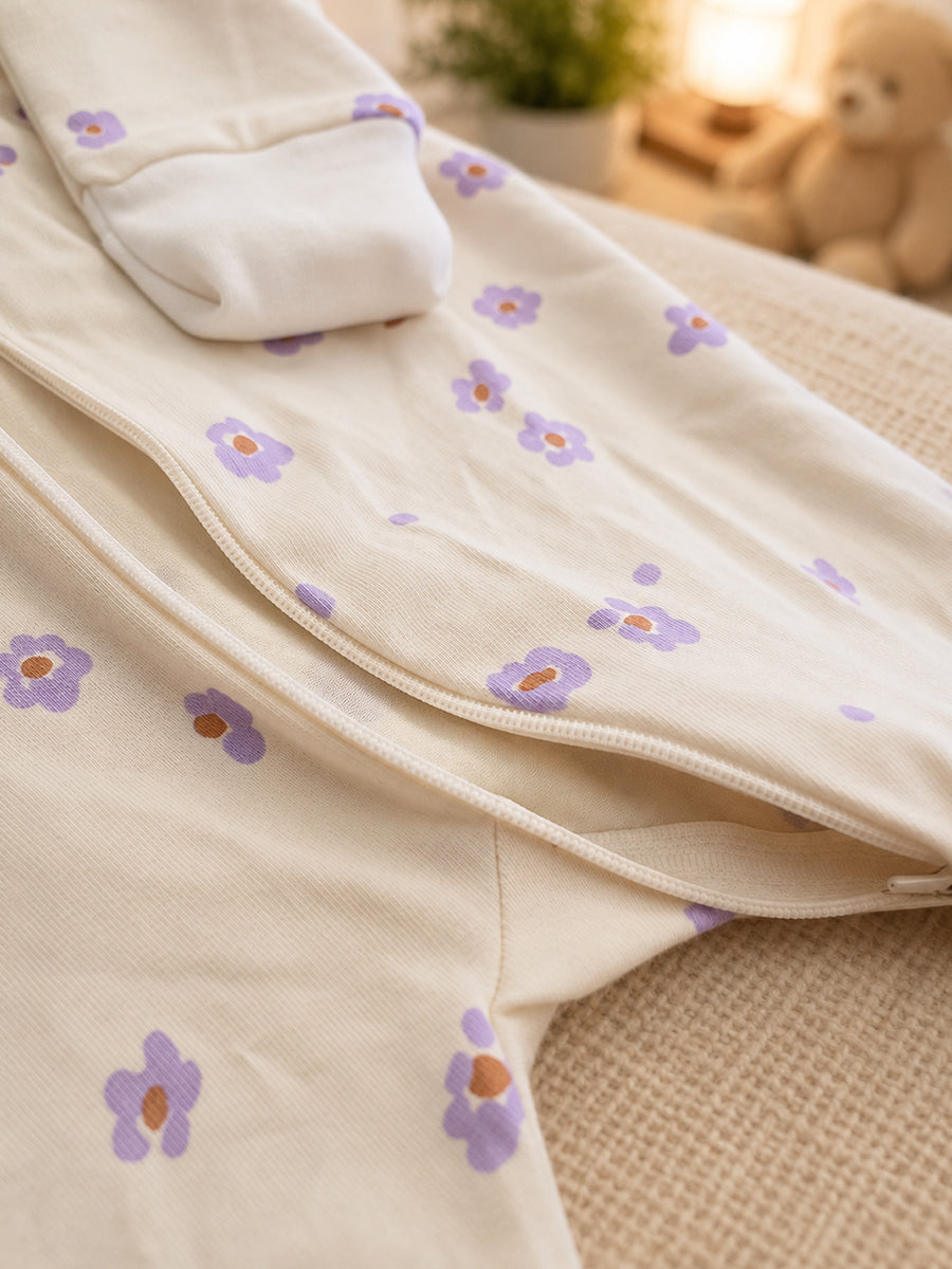 Ziva Baby Sleepsuit with Cap – Knitted Cotton Front Zip, Fold-Over Mittens & Integrated Booties | Lavender Blossom Print