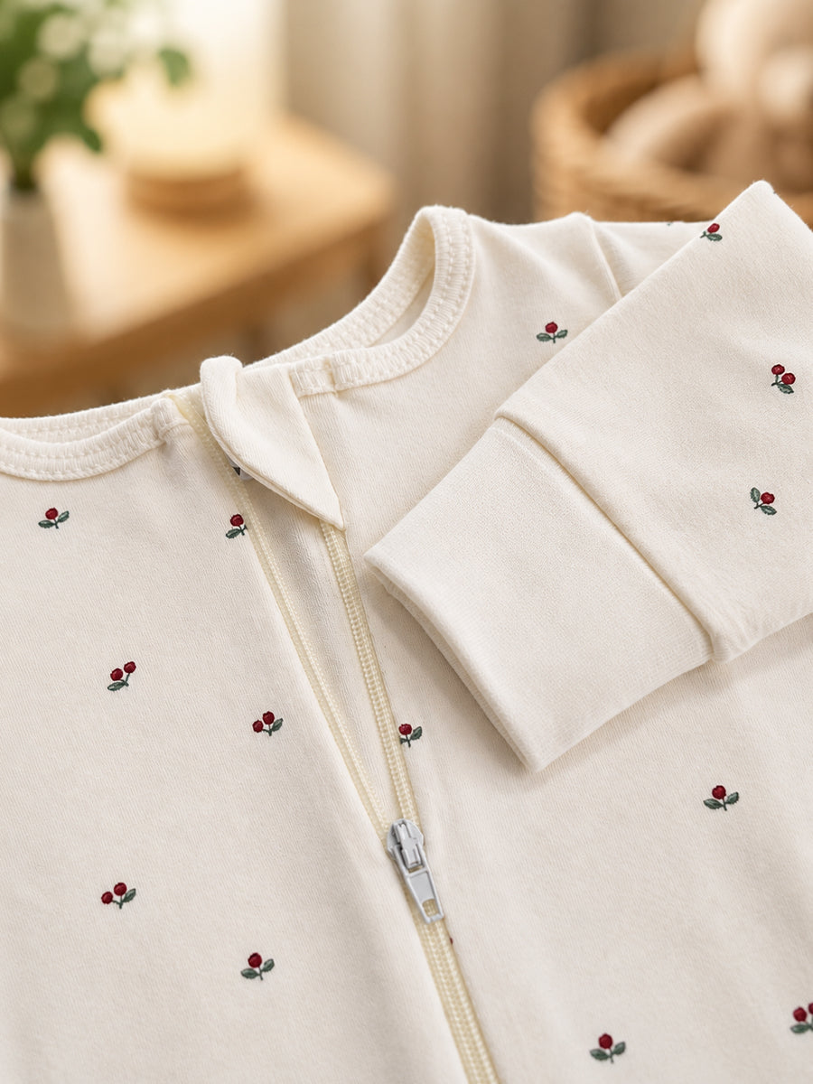 Ziva Baby Sleepsuit with Cap – Knitted Cotton Front Zip, Fold-Over Mittens & Integrated Booties | Mini Cherry Print