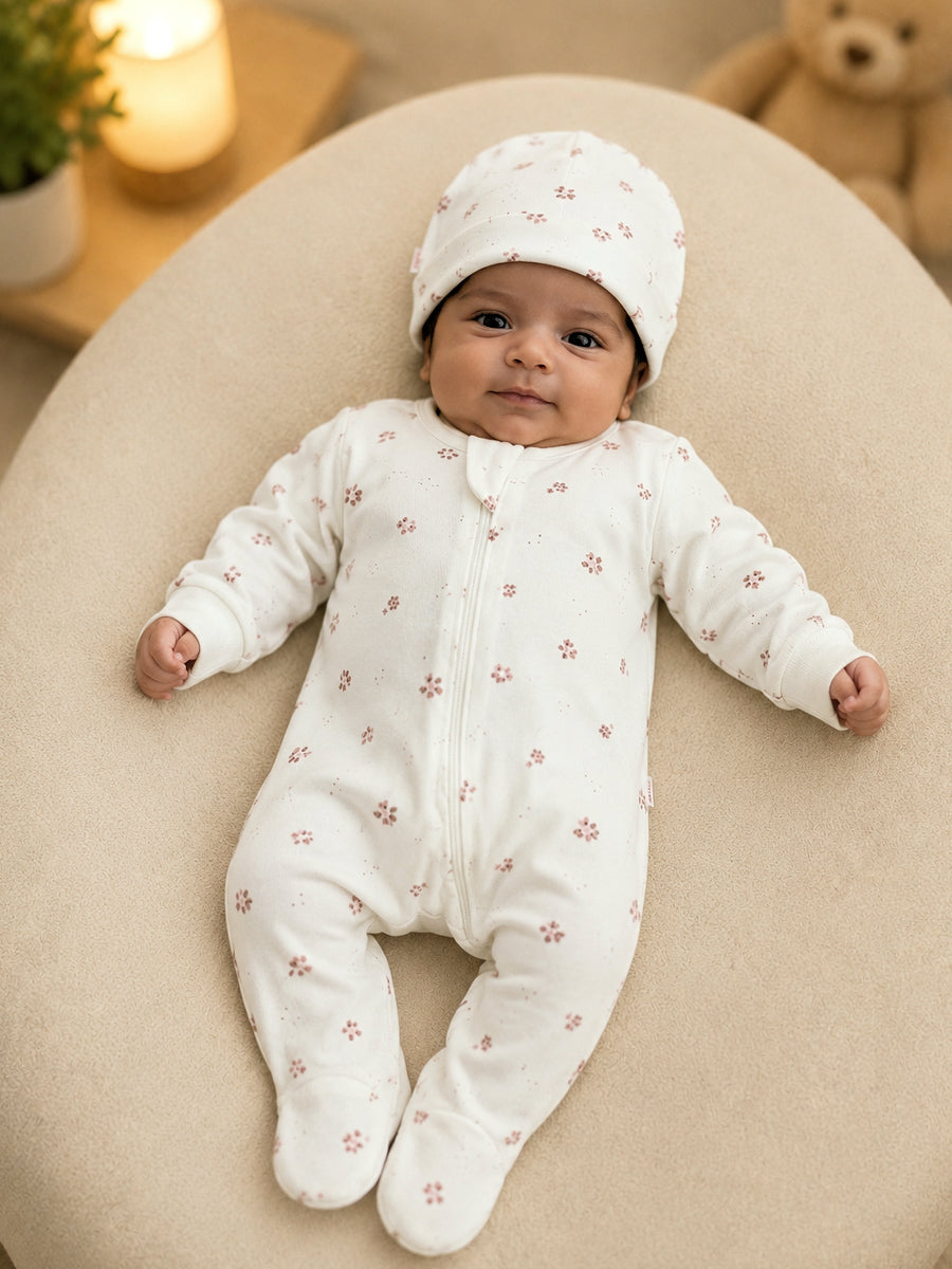 Ziva Baby Sleepsuit with Cap – Knitted Cotton Front Zip, Fold-Over Mittens & Integrated Booties | Blush Petal Floral Print