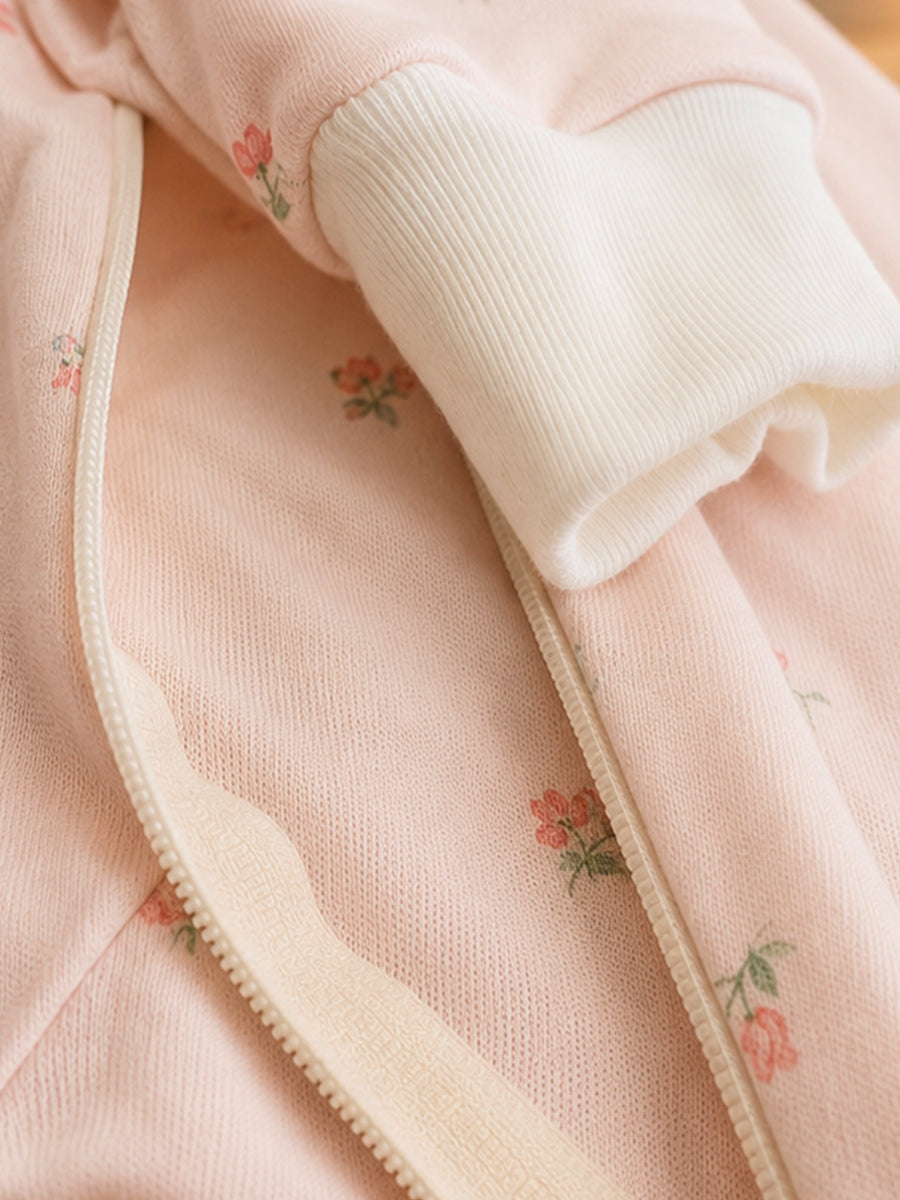 Ziva Baby Sleepsuit with Cap – Knitted Cotton Front Zip, Fold-Over Mittens & Integrated Booties | Soft Blush Pink | Blush Wildflower Print