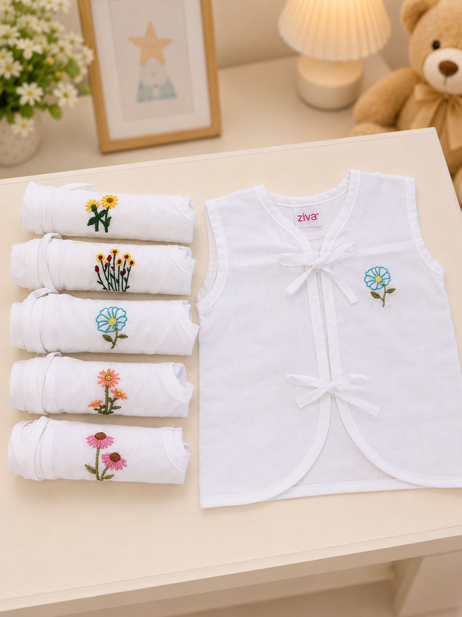 Ziva Premium Cotton Embroidery Jabla – Front Tie Newborn Baby Wear | Floral Design | 5 Pieces
