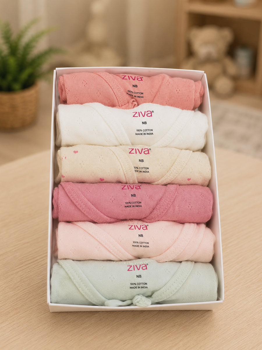 Ziva Premium Airy Knitted Cotton Colour Jabla – Multicolour Newborn Baby Wear | 6 Pieces