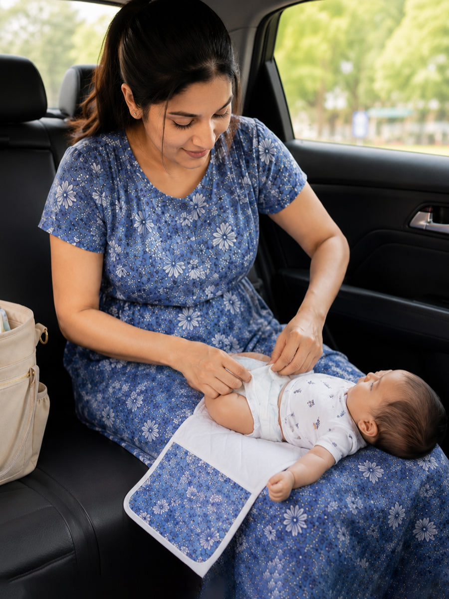 Ziva Baby Nappy & Diaper Changing Sheet – Foldable Travel Changing Mat with Storage Pocket | Blue Daisy Bloom Print