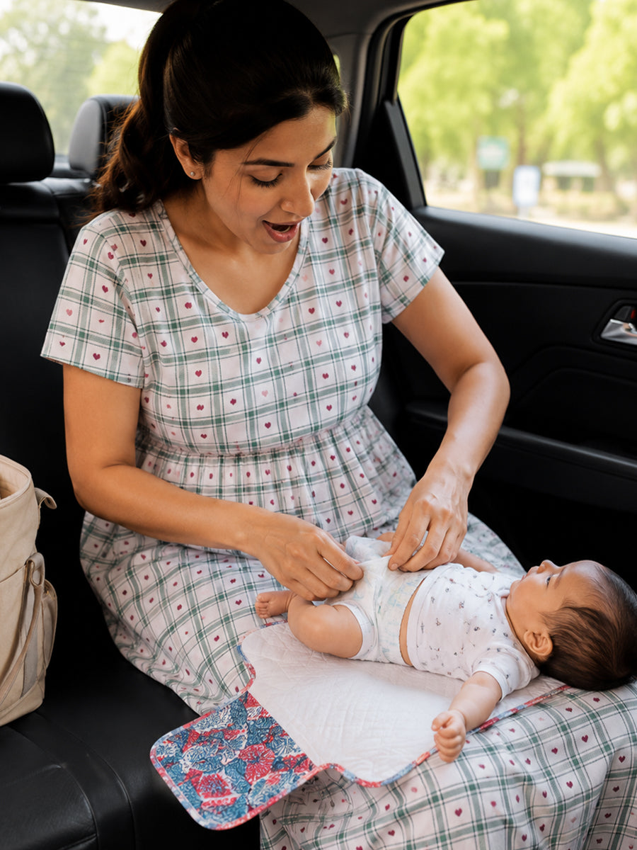 Ziva Baby Nappy & Diaper Changing Sheet – Foldable Travel Changing Mat with Storage Pocket | Coral Blue Blossom Print
