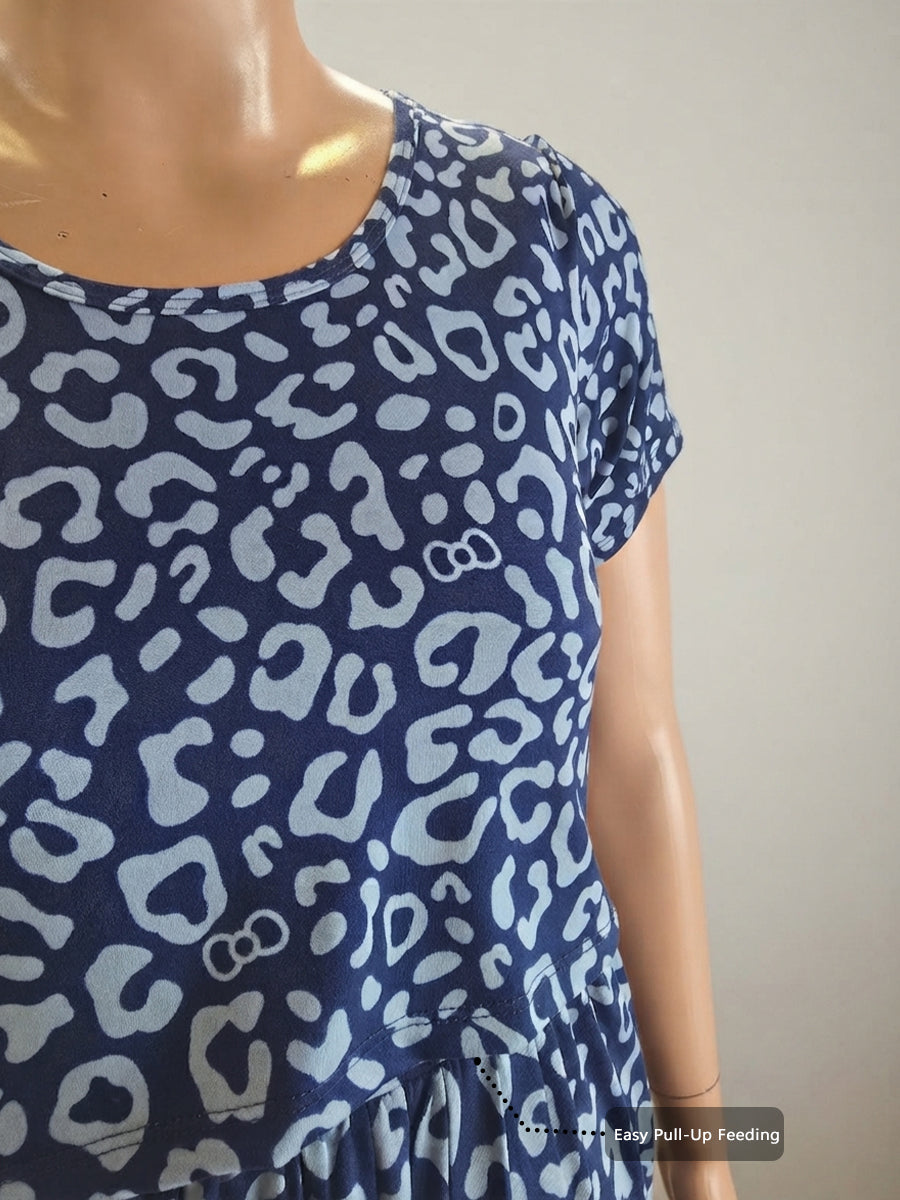 Ziva Zipless Maternity & Feeding Knitted Dress with Adjustable Tie & Side Pocket – Dark Blue Leopard Print