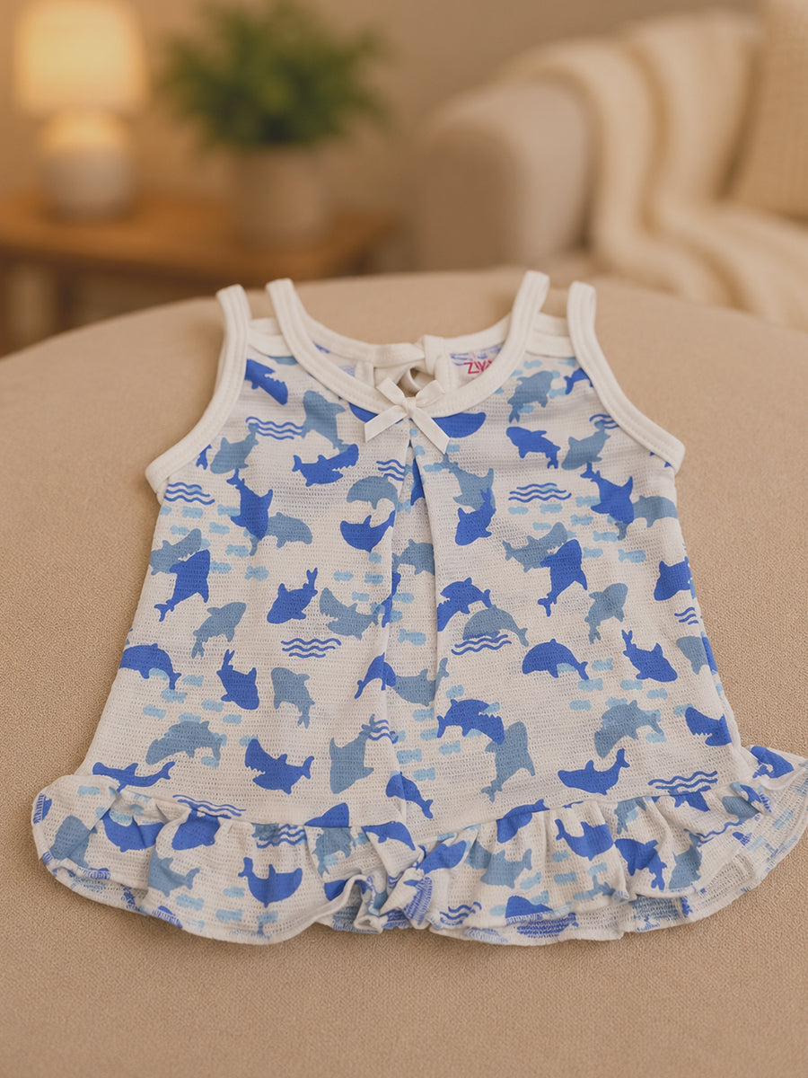 Ziva Premium Knitted Cotton Baby Frock – Breathable Mesh Fabric with Adjustable Shoulder Tie | Assorted Prints | 3 Pieces