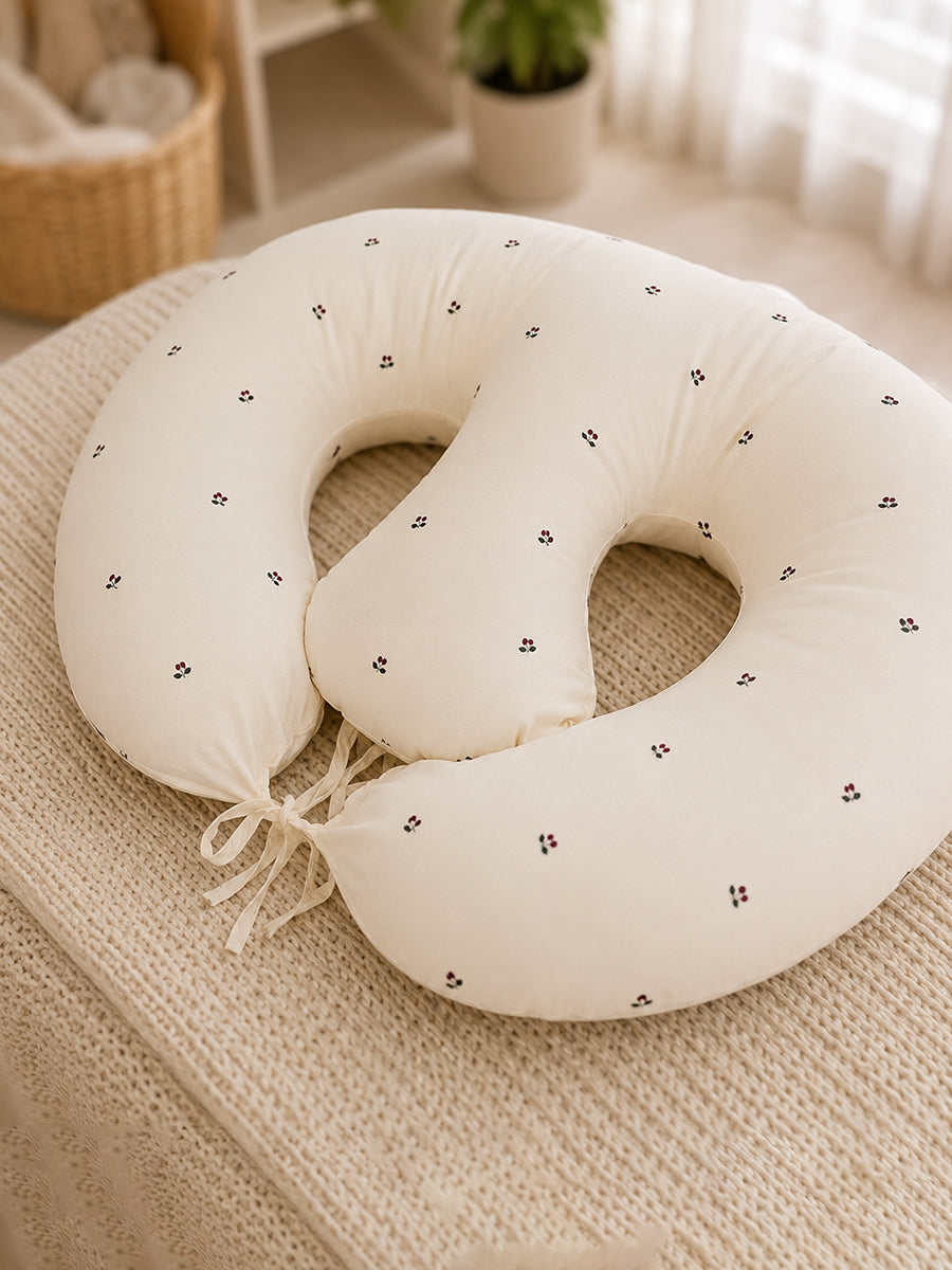 Ziva Multipurpose Twin Feeding Pillow – Organic Cotton with Back Support & Adjustable Tie | Berry Bloom Print | Light Cream