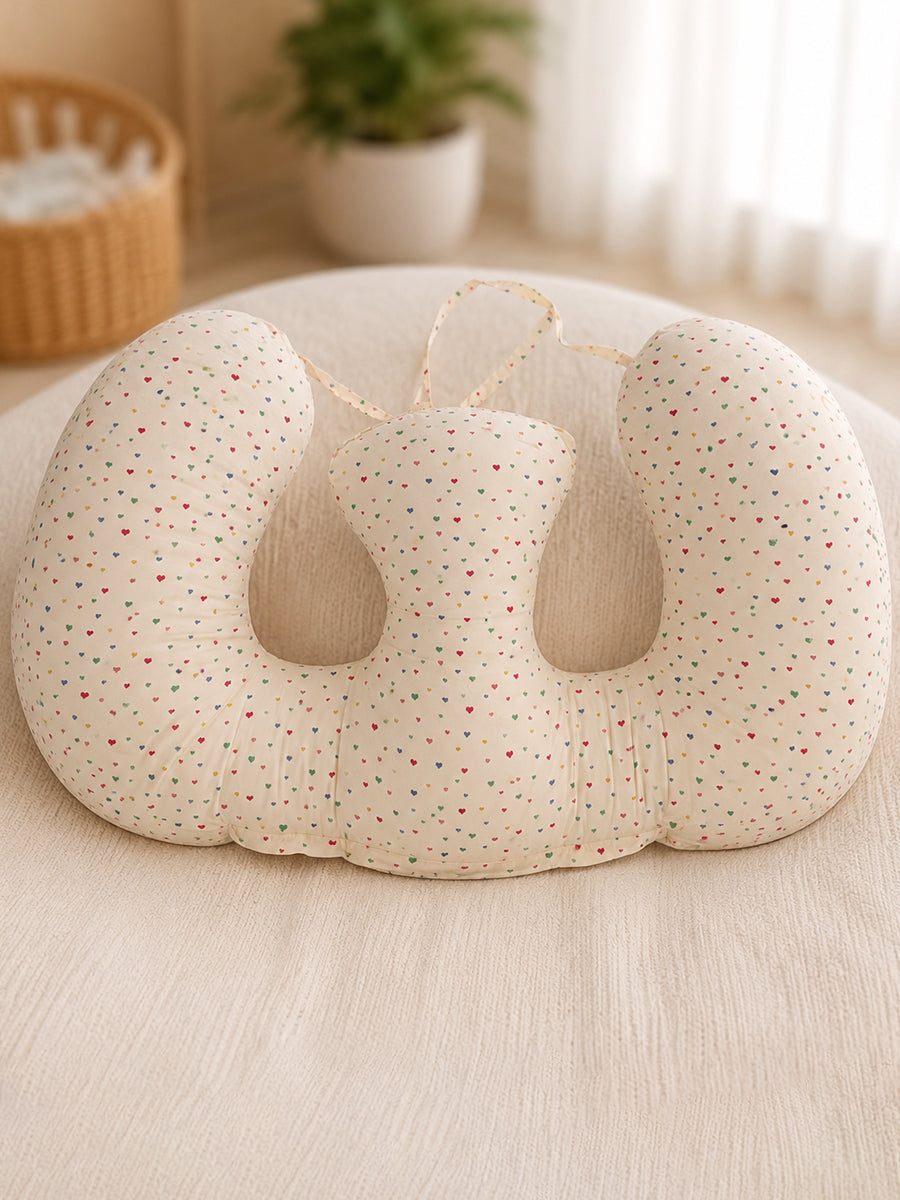 Ziva Multipurpose Twin Feeding Pillow – Organic Cotton with Back Support & Adjustable Tie | Multicolour Mini Hearts Print