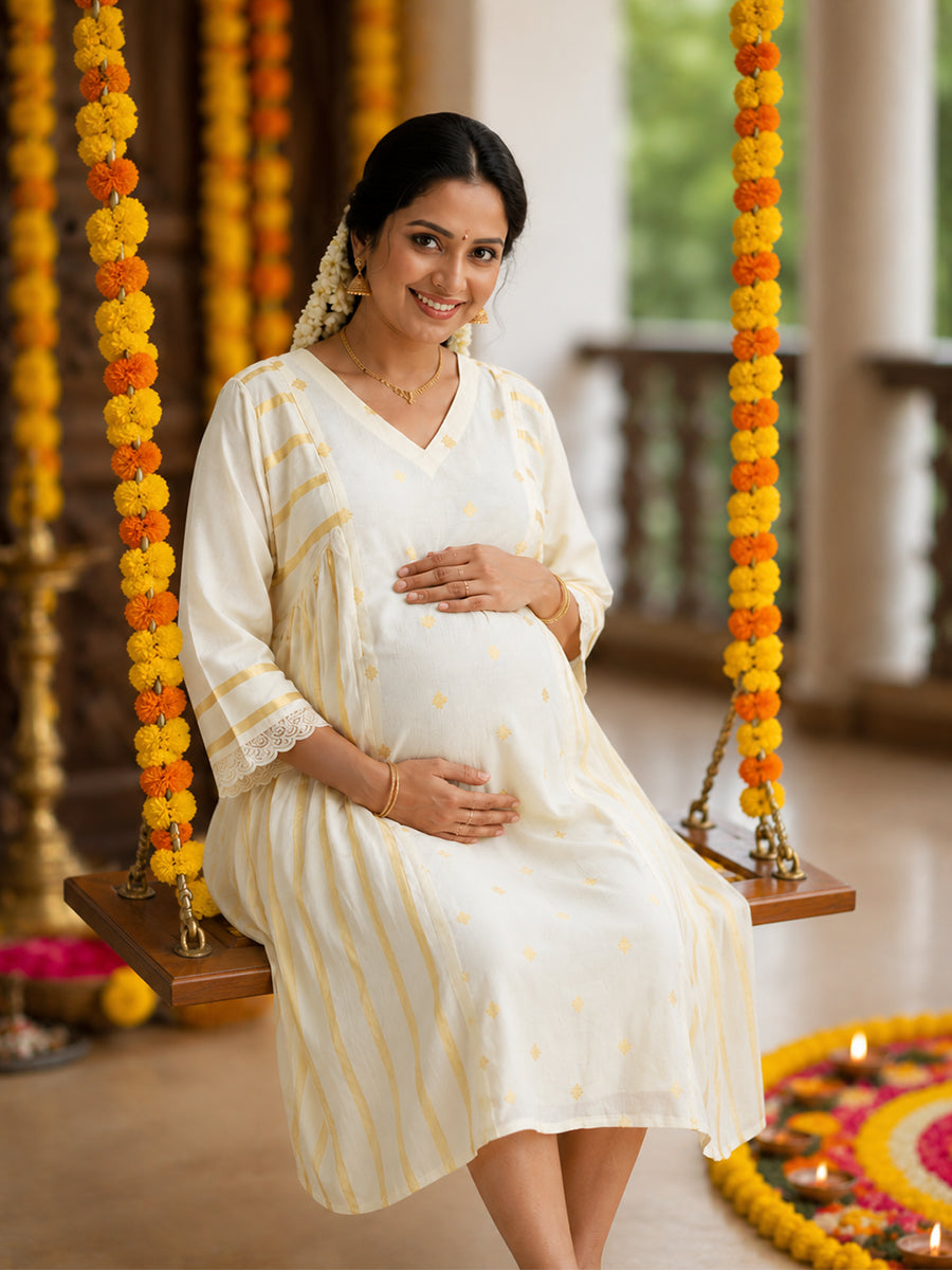 Ziva Onam Maternity & Feeding Dress | Onakodi | Light Cream Handloom Cotton with Gold Stripes | Invisible Feeding Zips & Side Pocket