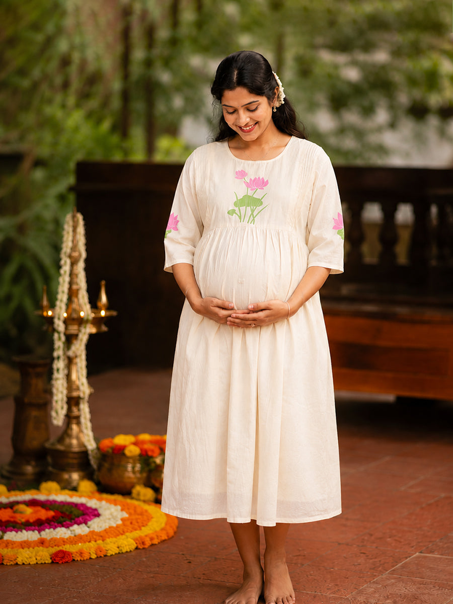 Ziva Onam Maternity & Feeding Dress | Onakodi | Light Cream Lotus Print | Invisible Feeding Zips & Side Pocket