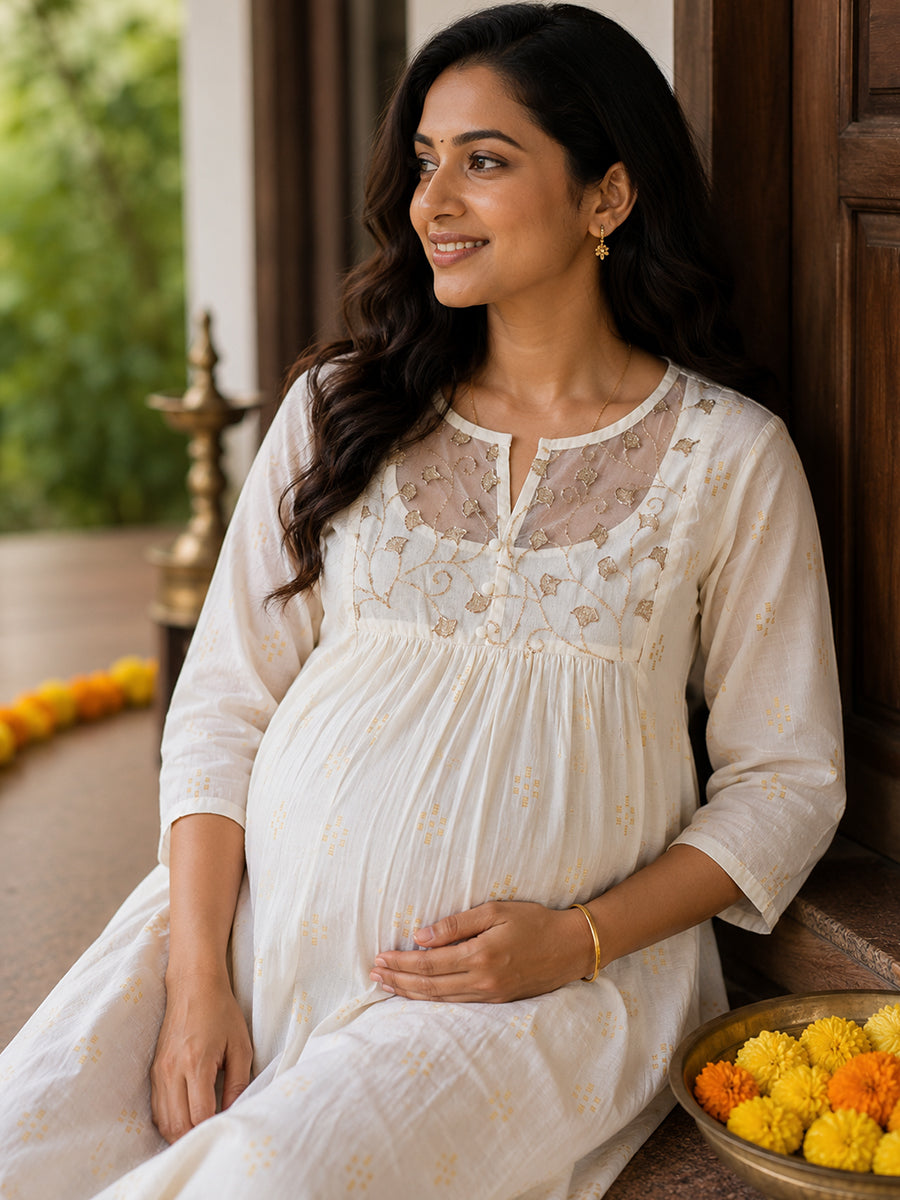 Ziva Onam Maternity & Feeding Dress | Onakodi | Light Cream Handloom Cotton with Designer Net Yoke | Invisible Feeding Zips & Side Pocket
