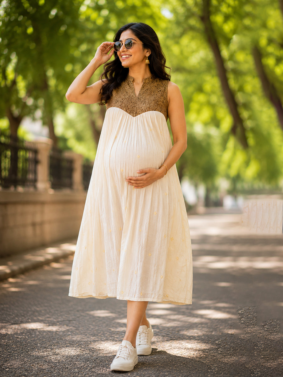 Ziva Onam Maternity & Feeding Sleeveless Dress | Onakodi | Light Cream Handloom Cotton with Caramel Brown Banarasi Yoke | Hidden Feeding Zips & Side Pocket