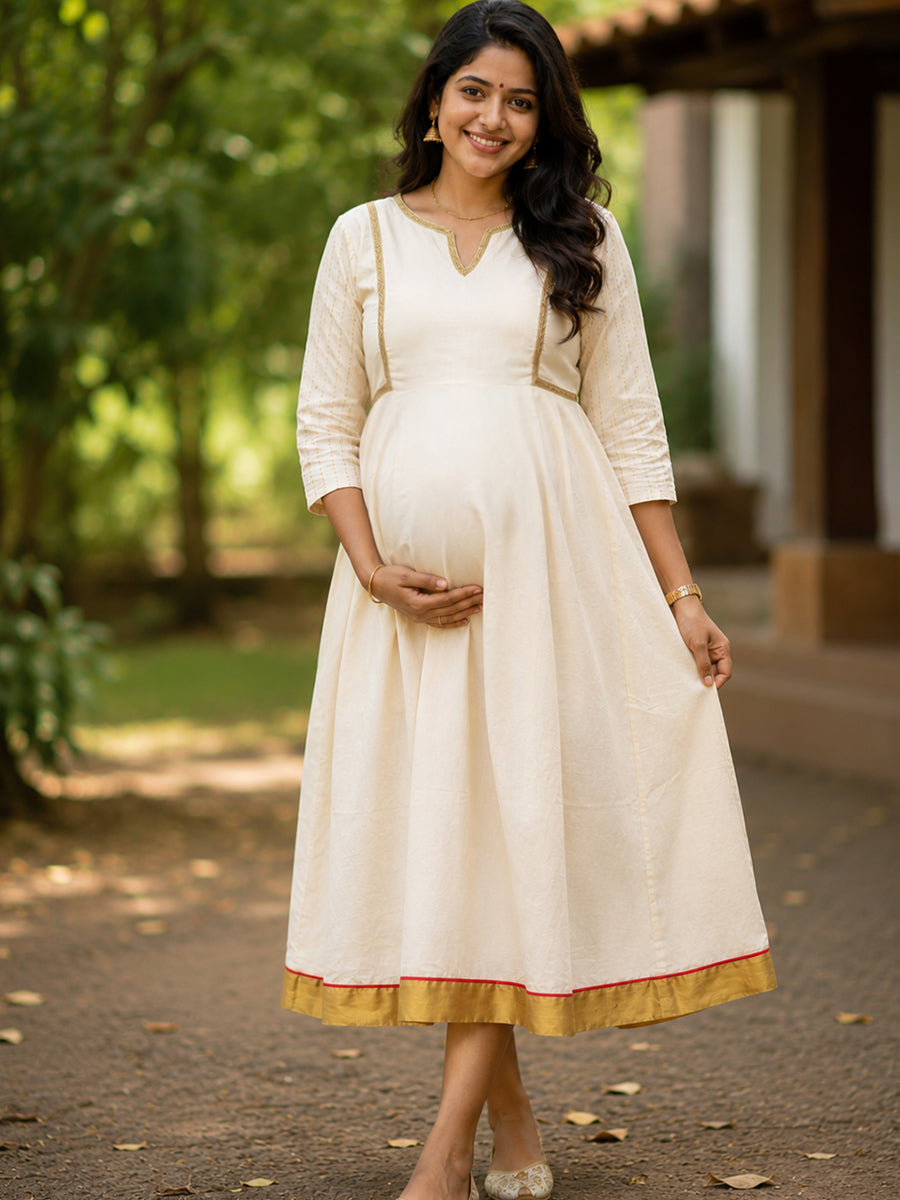 Ziva Onam Maternity & Feeding Dress | Onakodi | Light Cream Cotton with Festive Gold & Red Border | Invisible Feeding Zips & Side Pocket