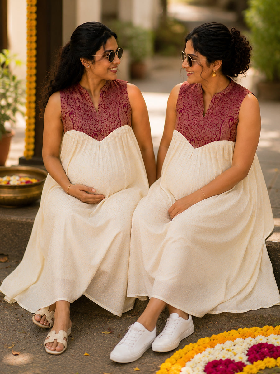 Ziva Onam Maternity & Feeding Sleeveless Dress | Onakodi | Light Cream Handloom Cotton with Burgundy Banarasi Yoke | Hidden Feeding Zips & Side Pocket