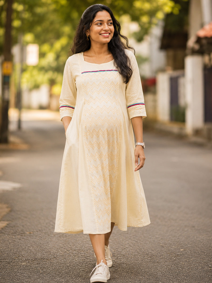 Ziva Onam Maternity & Feeding Dress | Onakodi | Light Cream Cotton | Square Neck | Invisible Feeding Zips & Side Pocket