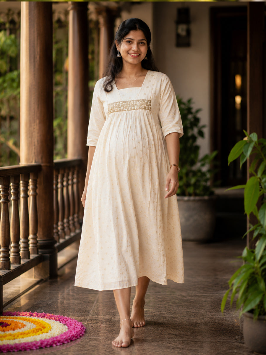Ziva Onam Maternity & Feeding Dress | Onakodi | Light Cream Gold Butta Textured Cotton | Invisible Feeding Zips & Side Pocket