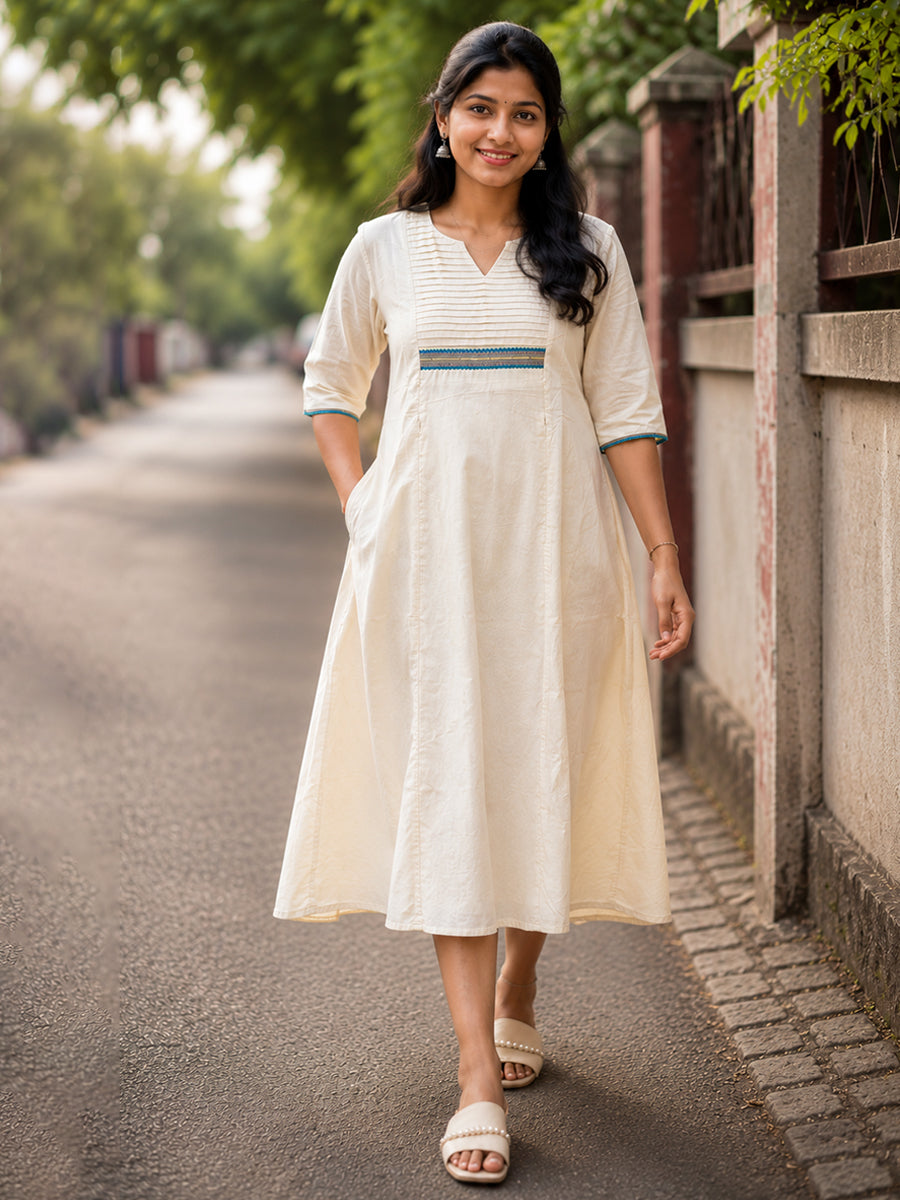 Ziva Onam Maternity & Feeding Dress | Onakodi | Light Cream with Blue & Gold Trim Lace | Invisible Feeding Zips & Side Pocket