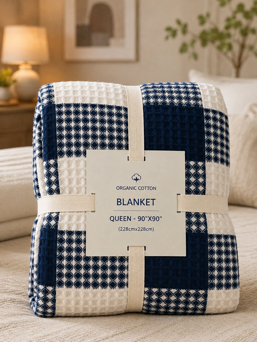 Ziva Premium Organic Cotton Waffle Blanket | Navy Blue & White | Multipurpose Pregnancy to Family Blanket | Soft & Breathable |Size- King, Queen, Twin