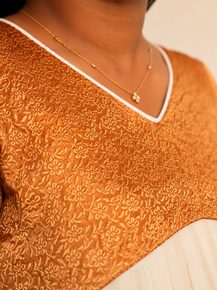 Ziva Onam Maternity & Feeding Dress | Onakodi | Off White Handloom Cotton with Orange-Gold Brocade Yoke | Golden Kasavu Border