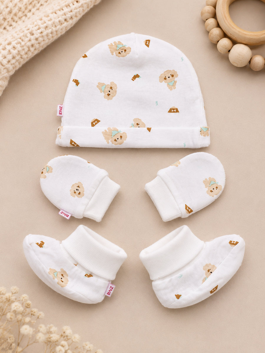 Ziva Baby Cap, Mitten & Bootie Set – Cute Teddy Bear Print | Knitted Cotton