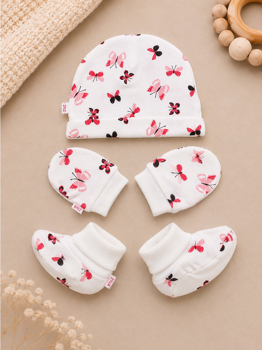 Ziva Baby Cap, Mitten & Bootie Set – Cute Butterfly Print | Knitted Cotton