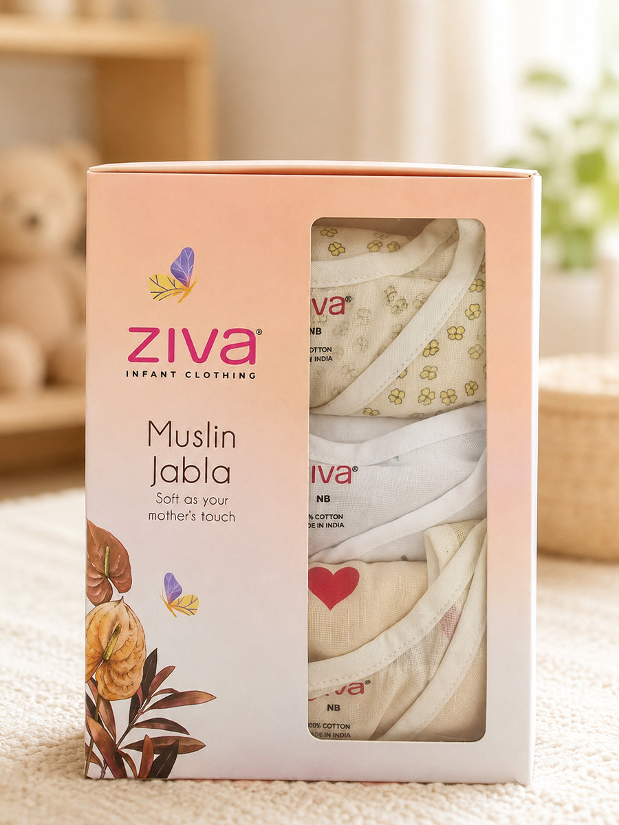Ziva Premium Muslin Baby Jabla – Side Open Overlap Press Button | Pack of 3 Assorted Prints (Print Details: Check Product Description)