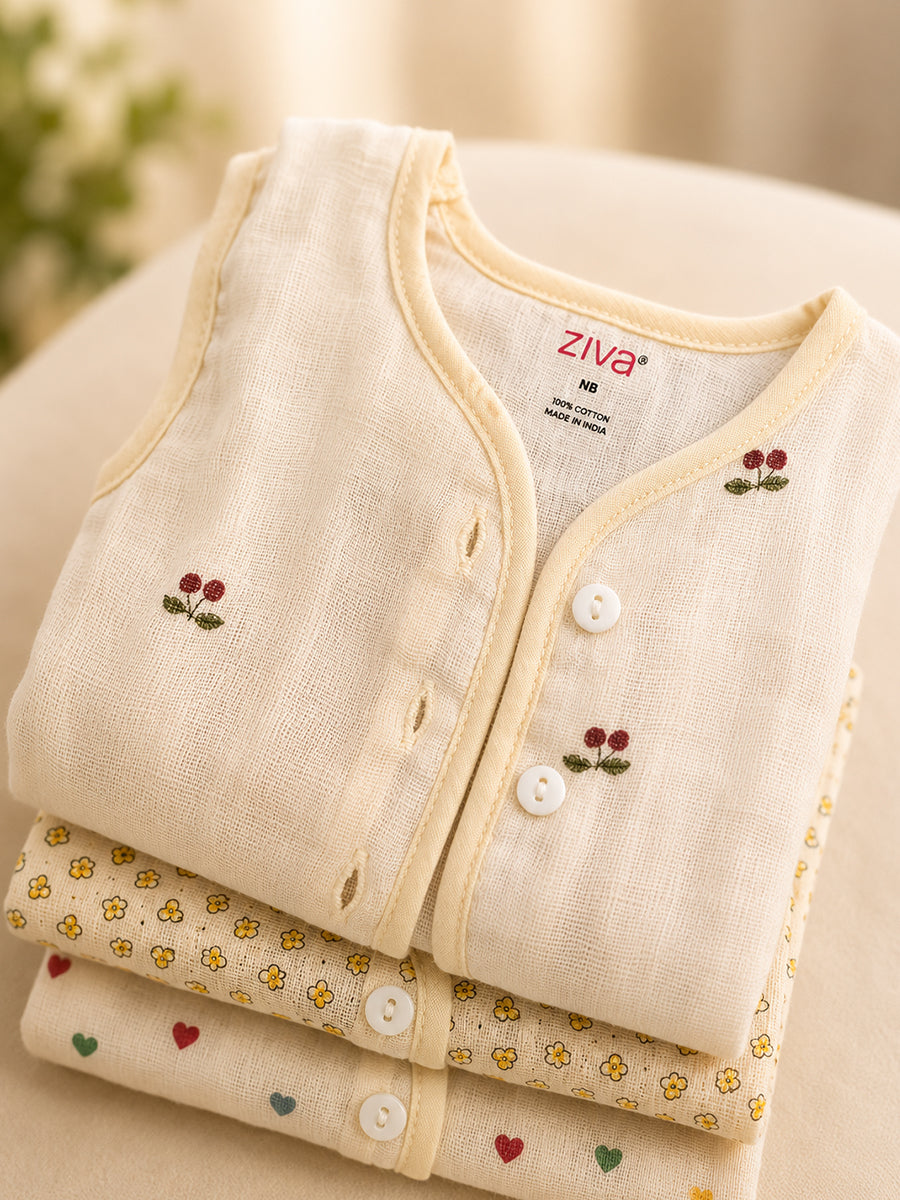 Ziva Premium Muslin Baby Jabla – Front Button | Pack of 3 Assorted Prints (Print Details: Check Product Description)
