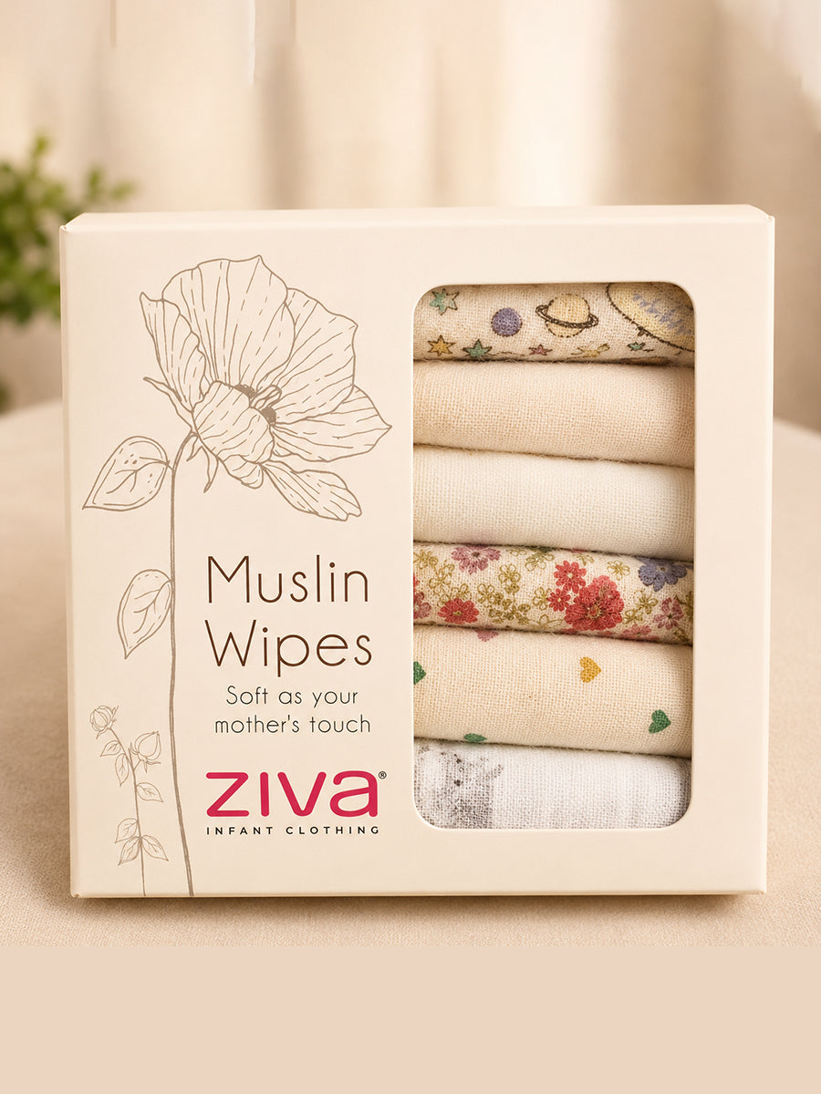 Ziva Baby Wipes – Double Layer Muslin Cotton | 9 × 9 Inch | Multicolor Mini Triangle Assorted Print | Pack of 6