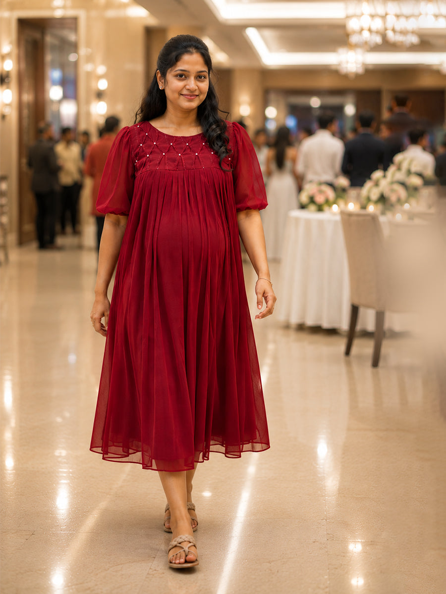 Ziva Maternity & Feeding Multipurpose Party Wear Dress – Dark Cherry Red | Concealed Feeding Zips