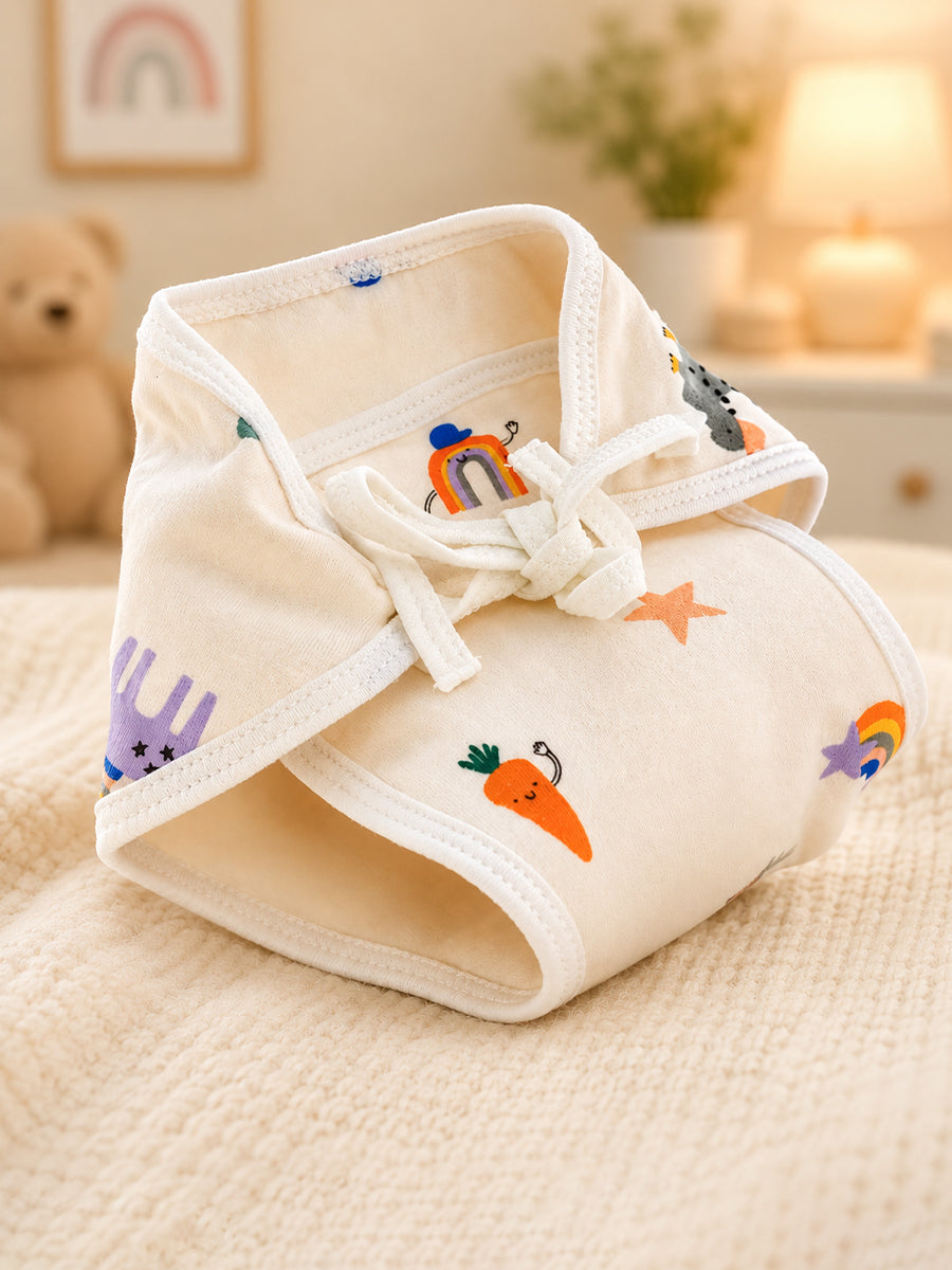 Ziva 3 Piece Nappy – Baby Boy | Premium Adjustable Tie Nappy | Knitted Cotton | Lightly Padded Attached Insert | Assorted White & Off-White Prints (Print Details: Check Product Description)