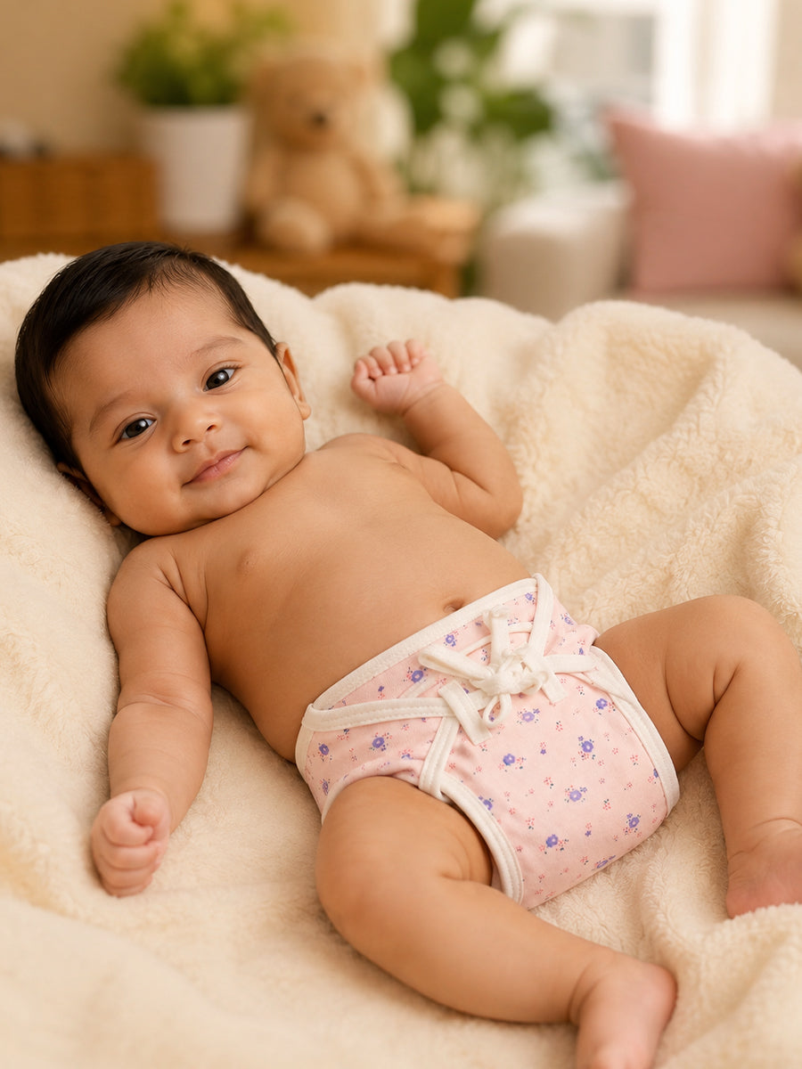 Ziva 3 Piece Nappy – Baby Girl | Premium Adjustable Tie Nappy | Knitted Cotton | Lightly Padded Attached Insert | Assorted Pink & Off-White Prints (Print Details: Check Product Description)