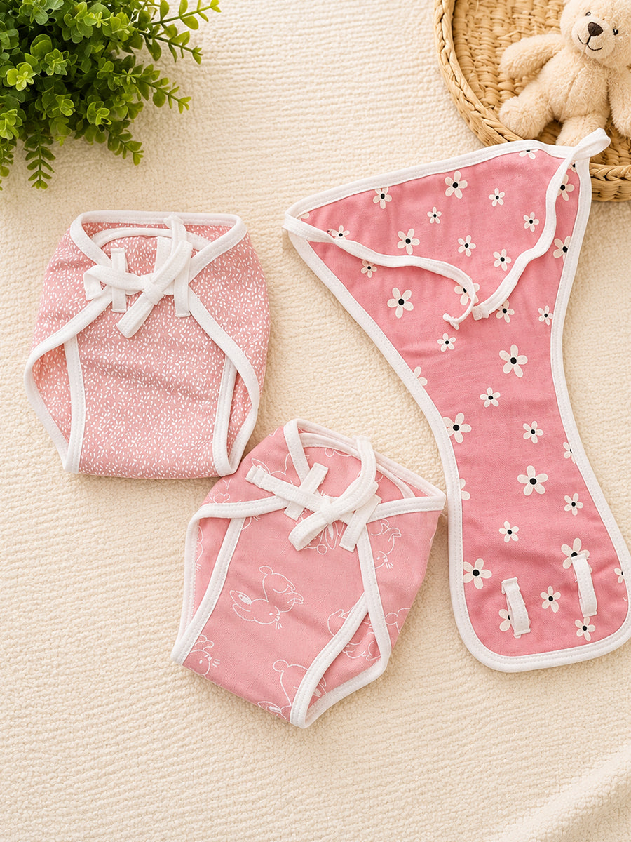Ziva 3 Piece Nappy – Baby Girl | Adjustable Tie Nappy | Knitted Cotton | Lightly Padded Attached Insert | Assorted Pink Colors & Prints (Print Details: Check Product Description)