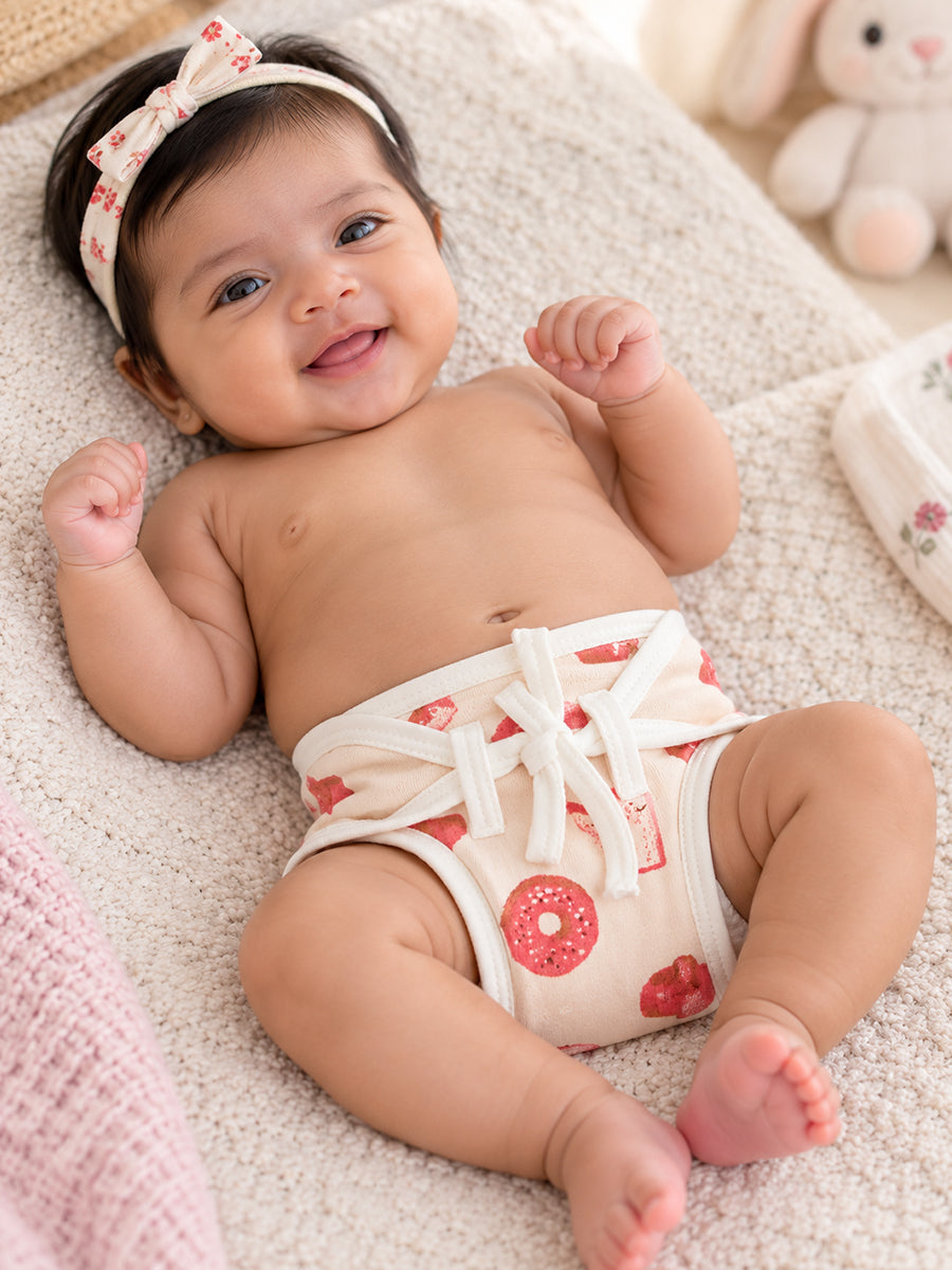 Ziva 3 Piece Nappy – Unisex | Premium Adjustable Tie Nappy | Knitted Cotton | Lightly Padded Attached Insert | Assorted White, Off-White & Beige Prints(Print Details: Check Product Description)