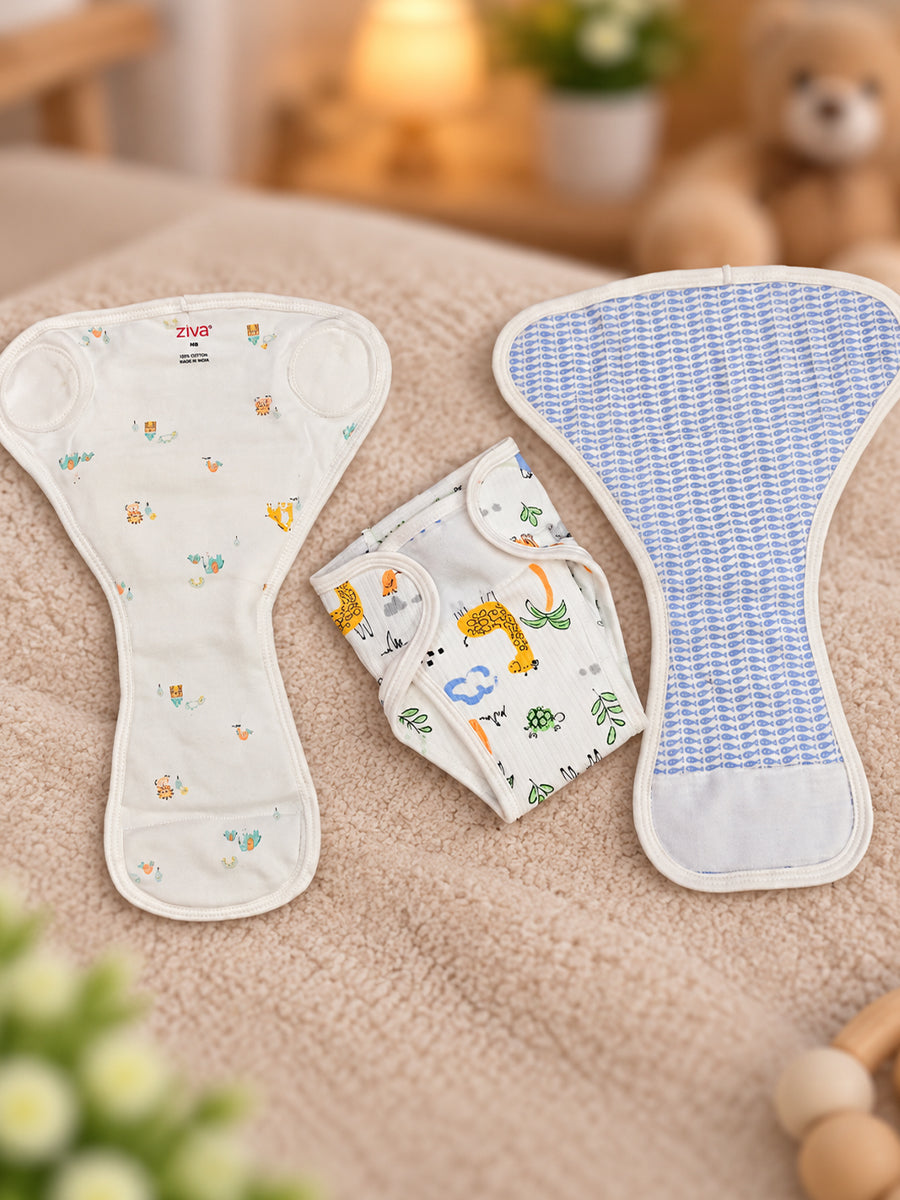 Ziva 3 Piece Velcro Nappy – Baby Boy | Premium Knitted Cotton | Lightly Padded Attached Insert | Assorted White, Off-White & Blue Prints
