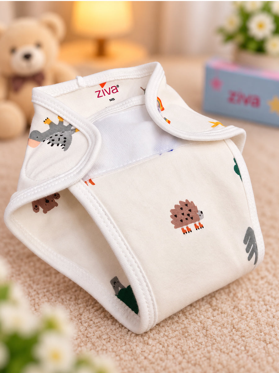 Ziva 3 Piece Velcro Nappy – Baby Boy | Premium Knitted Cotton | Lightly Padded Attached Insert | Assorted White & Off-White Prints