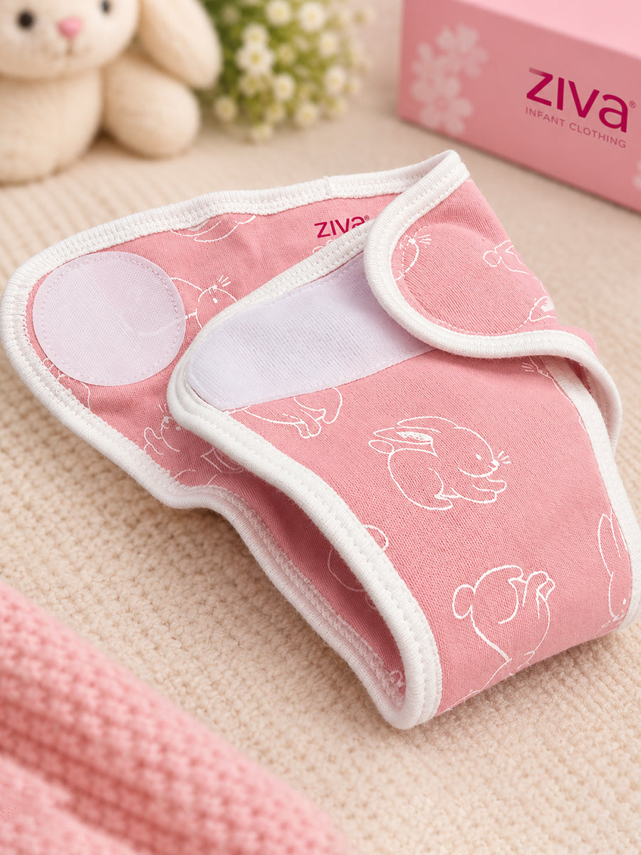 Ziva 3 Piece Velcro Nappy – Baby Girl | Premium Knitted Cotton | Lightly Padded Attached Insert | Assorted Off-White, White & Pink Prints