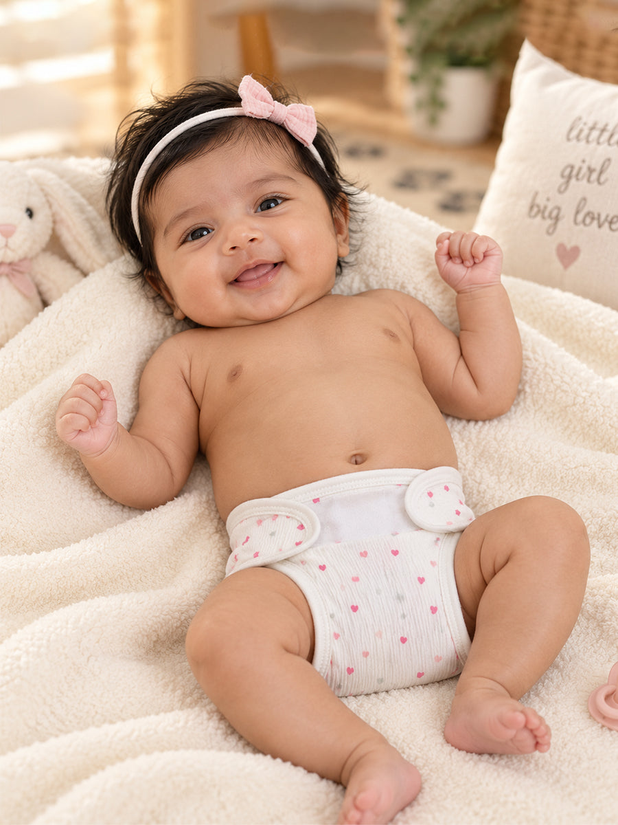 Ziva 3 Piece Velcro Nappy – Baby Girl | Premium Knitted Cotton | Lightly Padded Attached Insert | Assorted Pink & Off-White Prints
