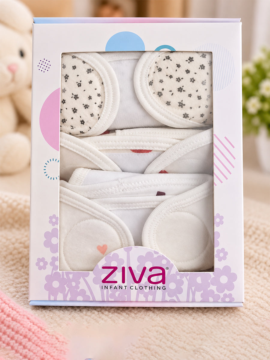 Ziva 3 Piece Velcro Nappy – Unisex | Premium Knitted Cotton | Lightly Padded Attached Insert | Assorted Beige, White & Off-White Prints