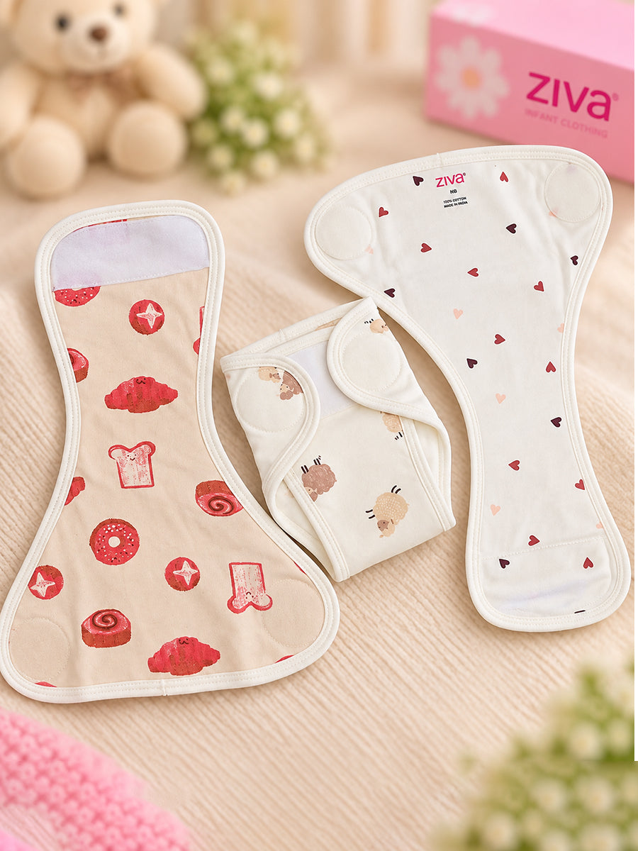 Ziva 3 Piece Velcro Nappy – Unisex | Premium Knitted Cotton | Lightly Padded Attached Insert | Assorted White, Off-White & Beige Prints