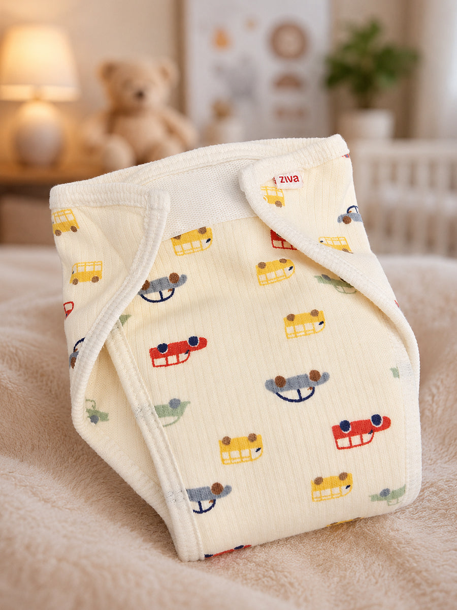 Ziva 3 Piece Velcro Nappy – Baby Boy | Premium Knitted Cotton | Lightly Padded Attached Insert | Assorted Blue, Charcoal & Off-White Prints