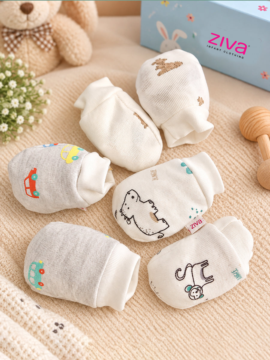 Ziva Premium Baby Mittens – Pack of 3 Pairs | Knitted Cotton | Assorted Baby Boy Prints (Print Details: Check Product Description)