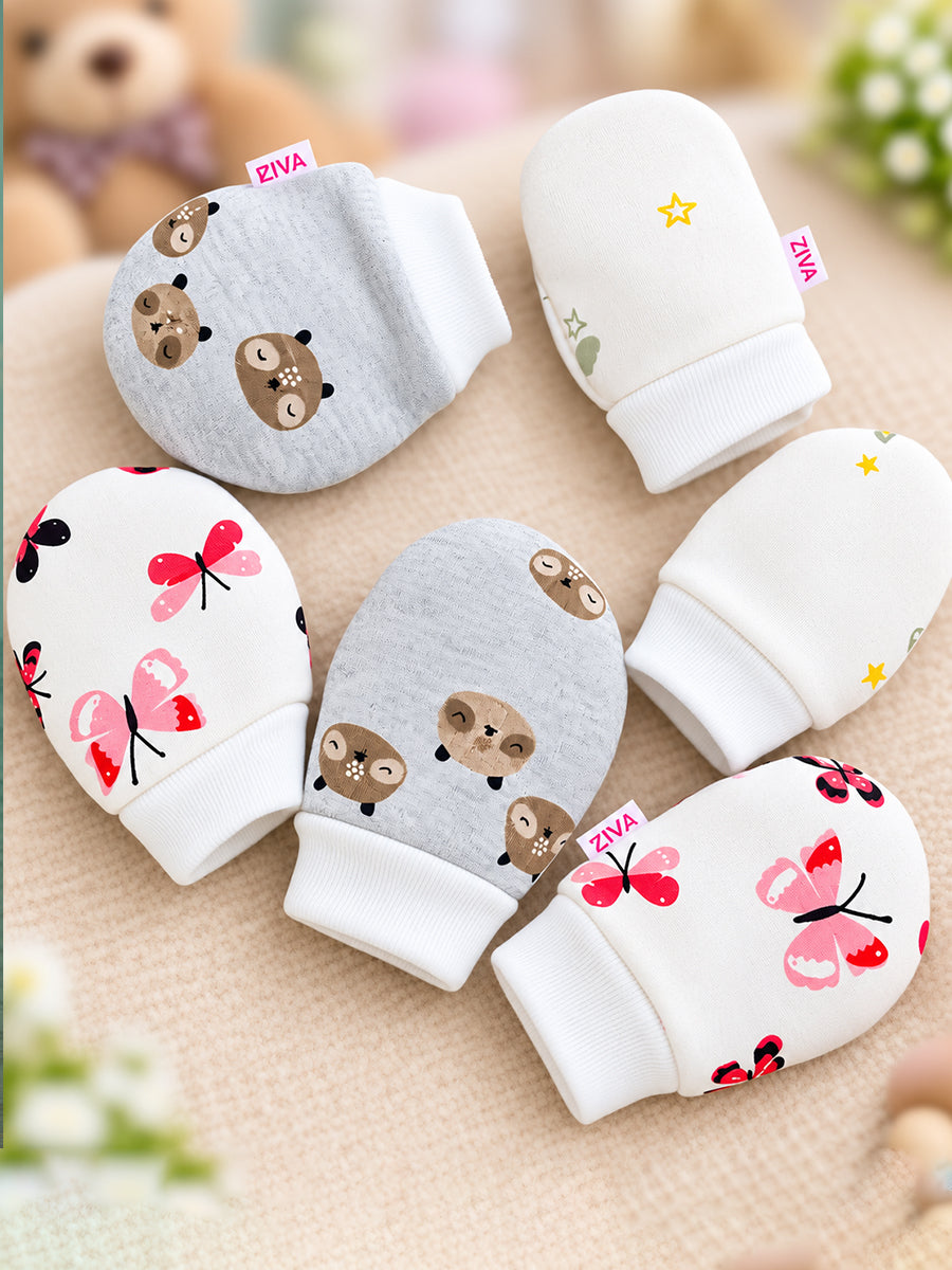 Ziva Premium Baby Mittens – Pack of 3 Pairs | Knitted Cotton | Assorted Unisex Prints – Star, Butterfly & Teddy Theme (Print & Colour Details: Check Product Description)