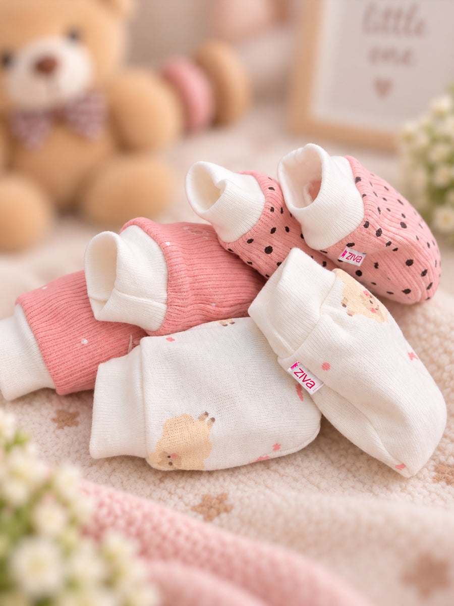 Ziva Premium Baby Mittens – Pack of 3 Pairs | Knitted Cotton | Assorted Baby Girl Prints – Bunny, Teddy & Polka Dot Theme (Print & Colour Details: Check Product Description)