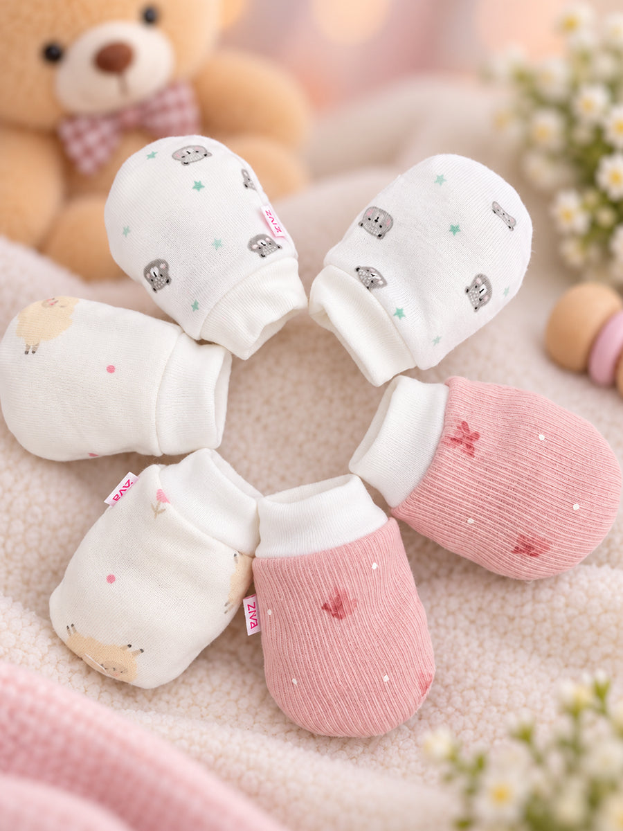 Ziva Premium Baby Mittens – Pack of 3 Pairs | Knitted Cotton | Assorted Baby Girl Prints – Character, Teddy & Bow Theme (Print & Colour Details: Check Product Description)